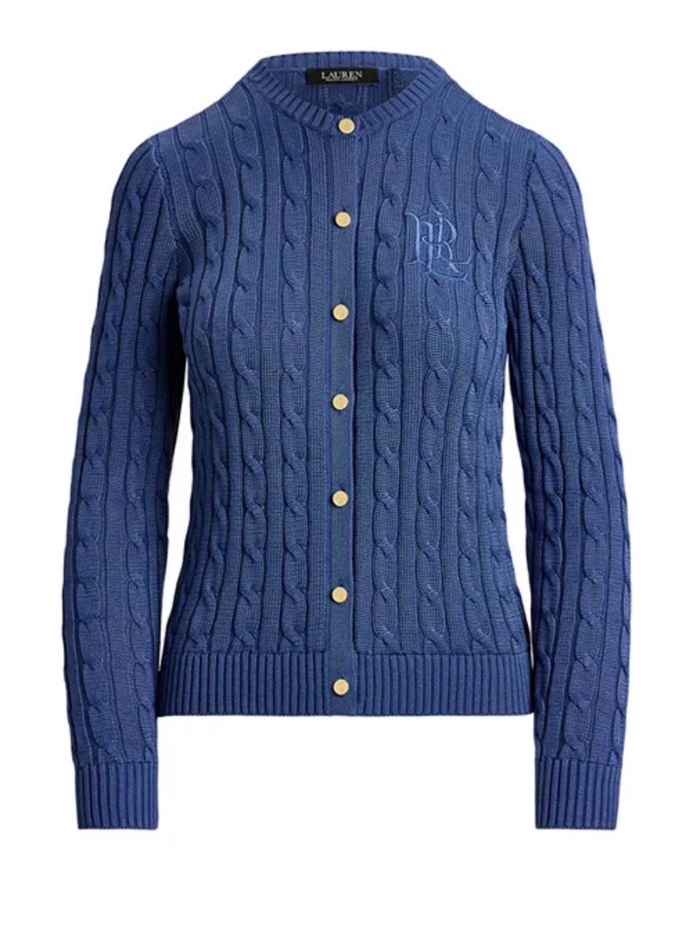 Ralph Lauren Denim Blue Cable-Knit Cardigan with Gold Buttons
